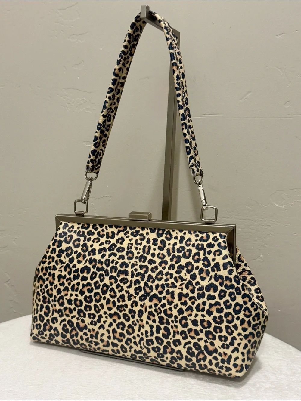Leopard Print Genuine Leather Handmade Push Lock Frame Bag, Includes Straps